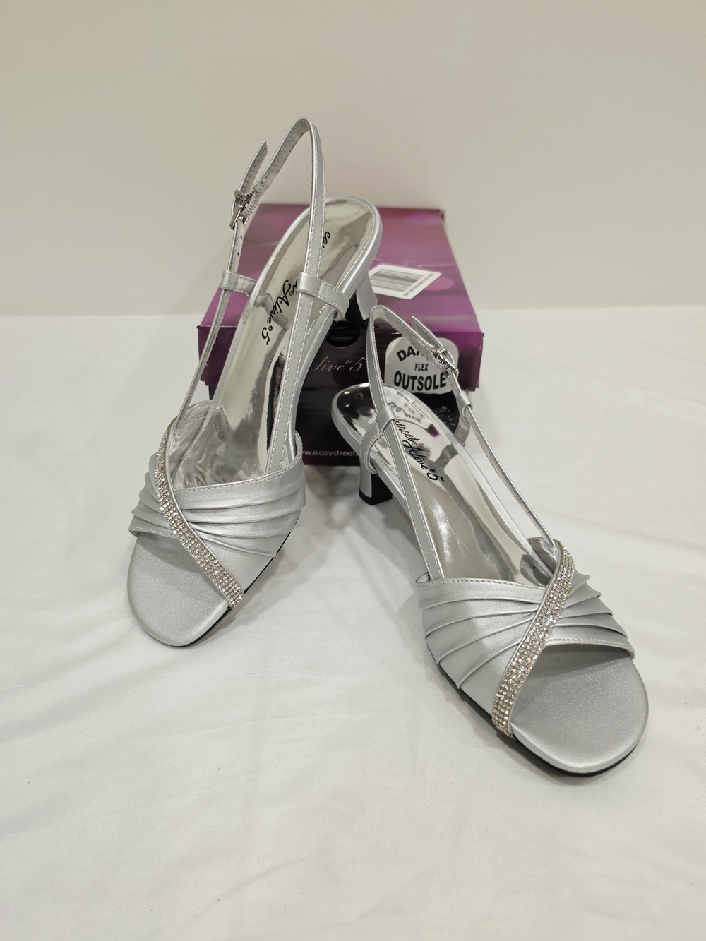 easy street Silver Satin Delite Rhinestone Slingback Heels